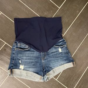 PinkBlush Navy Blue Distressed Rolled Hem Maternity Denim Shorts- medium